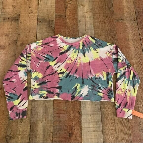 Colsie womens size small tie dye cropped crewneck sweatshirt pink blue yellow - Picture 1 of 7